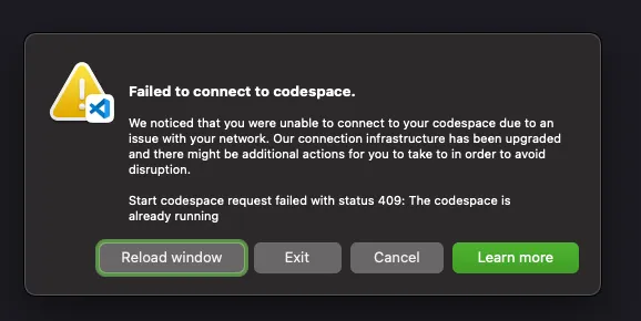 I have no idea what's happening with the connectivity. Using a different codespace connects just fine. Rarity: SSR. Solution: New codespace.